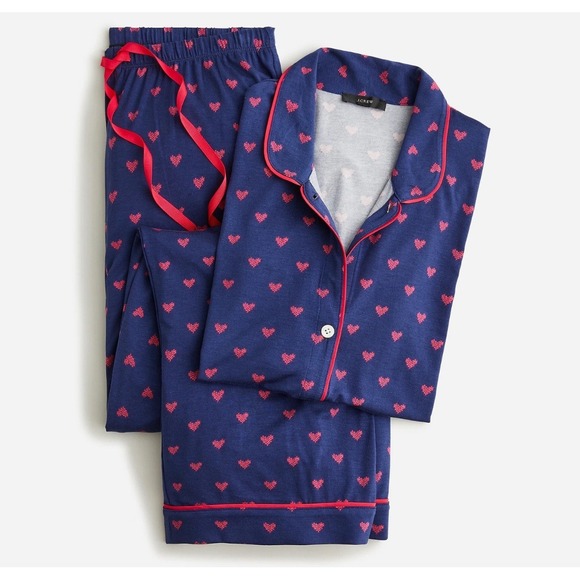 J Crew Heart Dot Pajama Set XL XLARGE Blue Red Tencel Loungewear PJs Comfycore - Picture 1 of 11